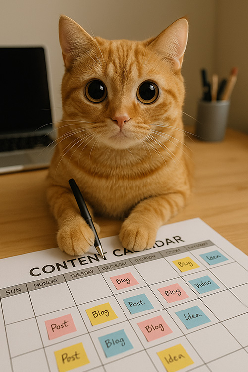Oranje kat plant content in met een pen op een contentkalender vol blogs, posts en ideeën.