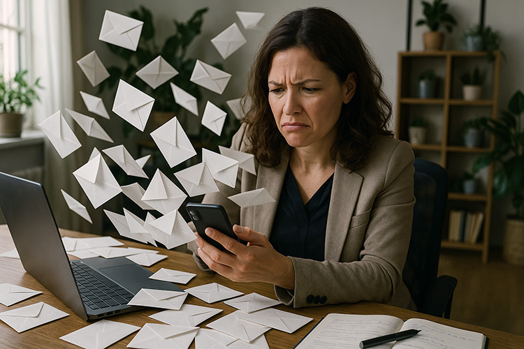 Overweldigde vrouwelijke ondernemer bekijkt smartphone terwijl tientallen enveloppen uit het scherm vliegen