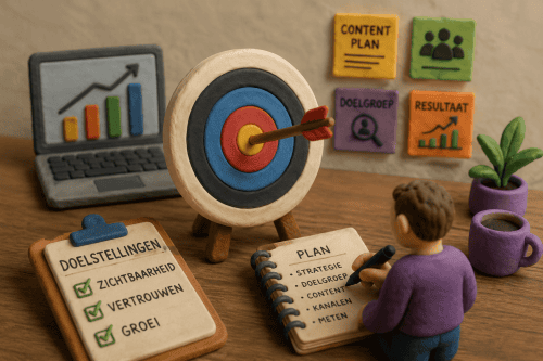 Klei-illustratie van doelstellingen binnen een contentmarketingstrategie met doelbord, planning en groeidoelen.