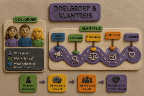 Klei-illustratie van doelgroep en klantreis binnen een contentmarketingstrategie van bewustwording tot loyaliteit.